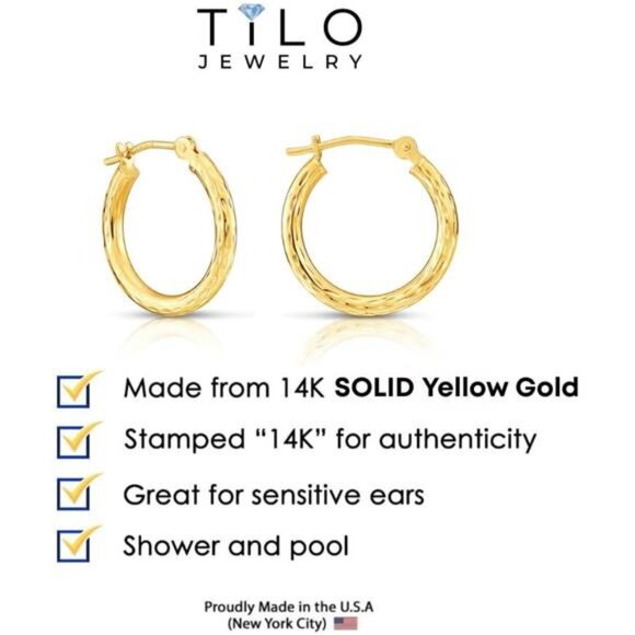 14k Yellow Gold Hand Engraved Full Diamond-cut Round Hoop Earrings - Picture 5 of 14